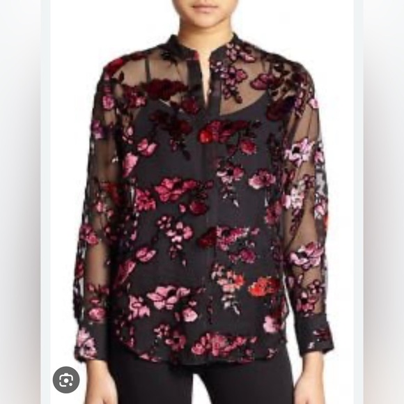 Alice + Olivia Floral Velvet Flocked Sheer Chiffon Shirt Blouse Small - Picture 3 of 11